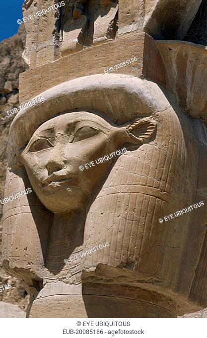 Deir-el-Bari. Hepshepsut Mortuary Temple. Carved column with head of Goddess Hathor represented with cows ears. One of the Hathoric columns
