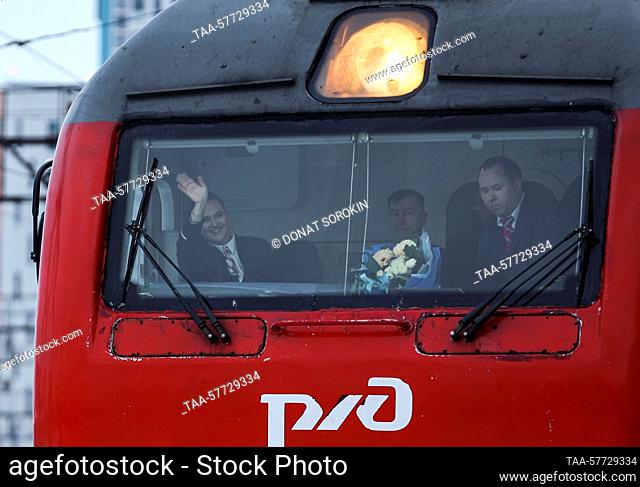 RUSSIA, YEKATERINBURG - MARCH 6, 2023: Long distance passenger train driver Oksana Sokolova sets off for her first solo run