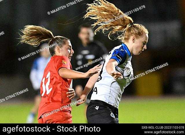 Daphne Wertbrouck (12) of Woluwe battles for the ball with Jade Heida (19) of Club YLA during a female soccer game between Femina White Star Woluwe and Club YLA...