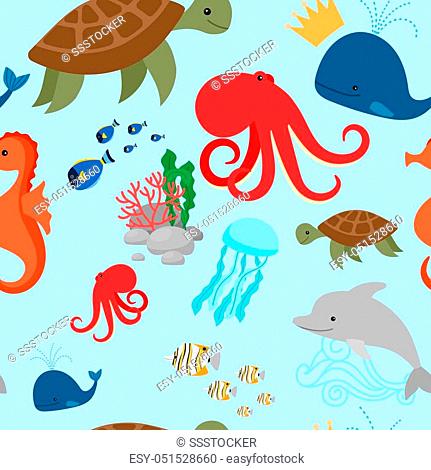 Cartoon turtle, dolphin, octopus, sea-horse, jellyfish and fishes on blue background. Vector illustration
