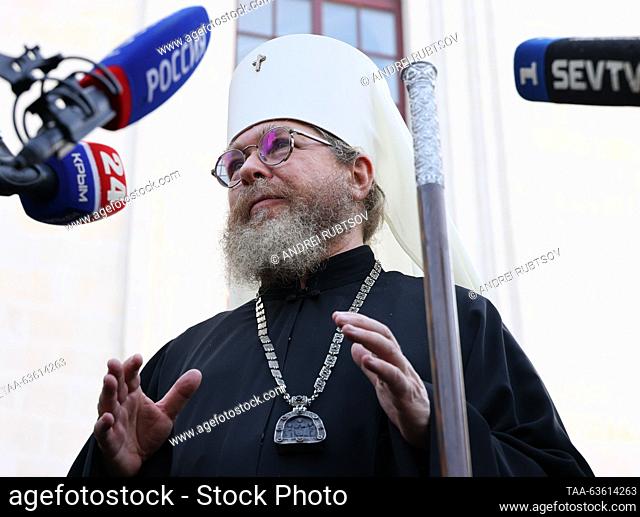 RUSSIA, SIMFEROPOL - OCTOBER 21, 2023: Newly-appointed Metropolitan Tikhon of Simferopol and Crimea talks to journalists outside the Alexander Nevsky Cathedral
