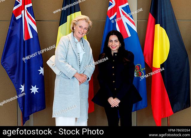 Princess Astrid of Belgium and Deputy Director, Global Engagement, Global Victoria Ema Lawrence poses for the photographer prior to a meeting about 'Female...