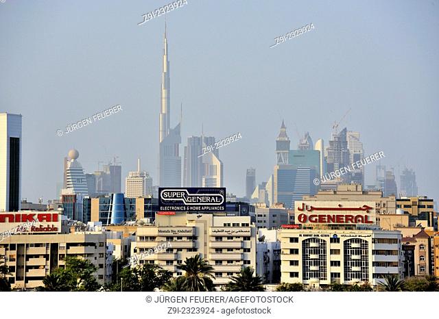 View from Dubai Creek chanel to downtown Dubai with skyscrapers and Burj Khalifa, Dubai, United Arab Emirates