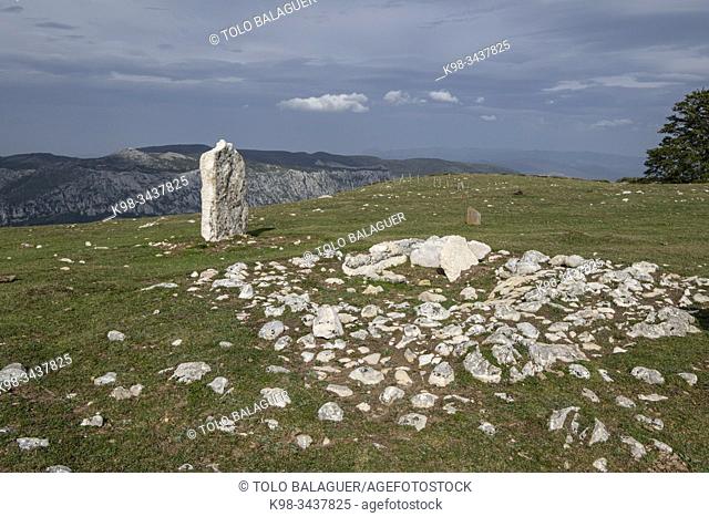 Cista y menhir de Arrizazen, Parque Megalítico de Legaire, campas de Legaire , Álava, Pais Vasco, Spain