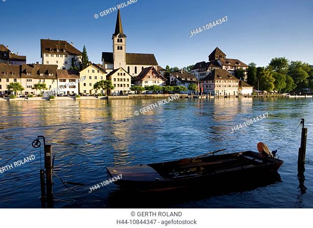 Switzerland, Europe, Diessenhofen, Architecture, River, Church, Town, Canton Thurgau, Water, river Rhine, City, Small