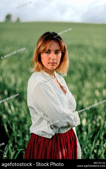 young woman, pensive, summer, rural scene, old fashioned, nostalgia