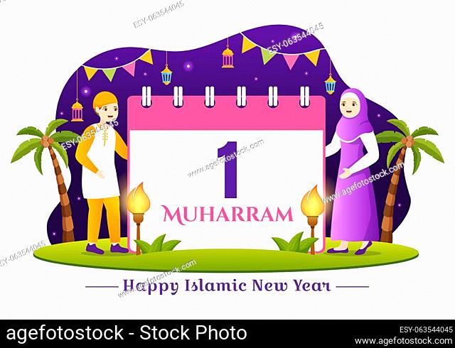 Happy Muharram Islamic New Year Vector Illustration with Kids Muslims in Flat Cartoon Hand Drawn Landing Page Background Templates