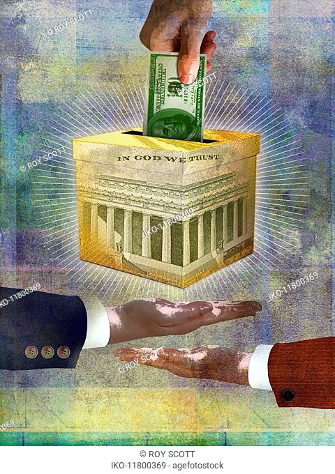 Businessmen reaching for money from United States government money box