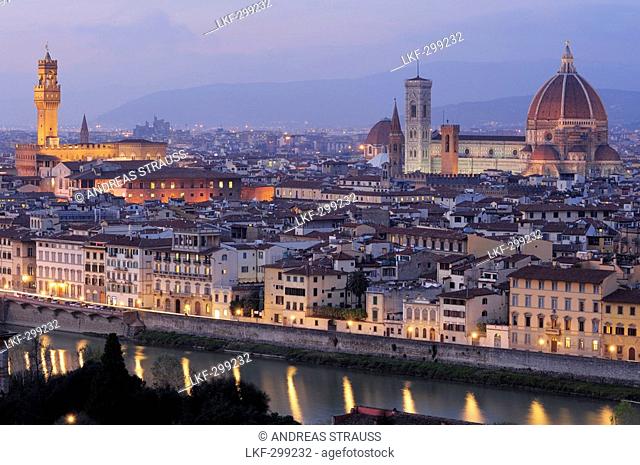 Illuminated city of Florence with Palazzo Vecchio and cathedral Santa Maria del Fiore, Florence, UNESCO world heritage site, Tuscany, Italy