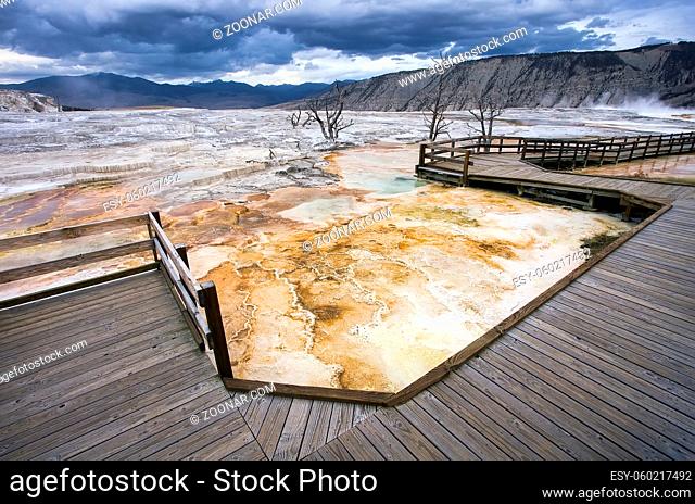 The tourist boardwalk at Mammoth Hot Springs in Yellowstone National Park in Wyoming