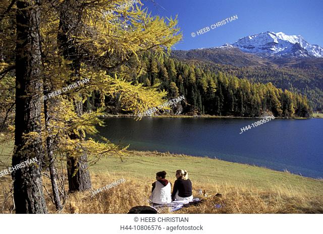 autumn, Grisons, Graubunden, Engadine, lake, Lej da Champfer, no model release, Upper Engadine, picnic, rest, scener
