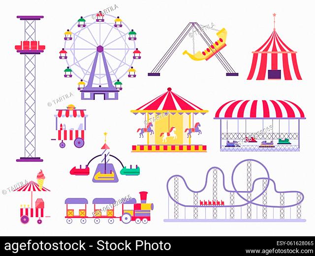 Carnival park attraction ride, train, roller coaster and horse carousel. Amusement fair, tent, cars and swings. Cartoon festival vector set for children and...
