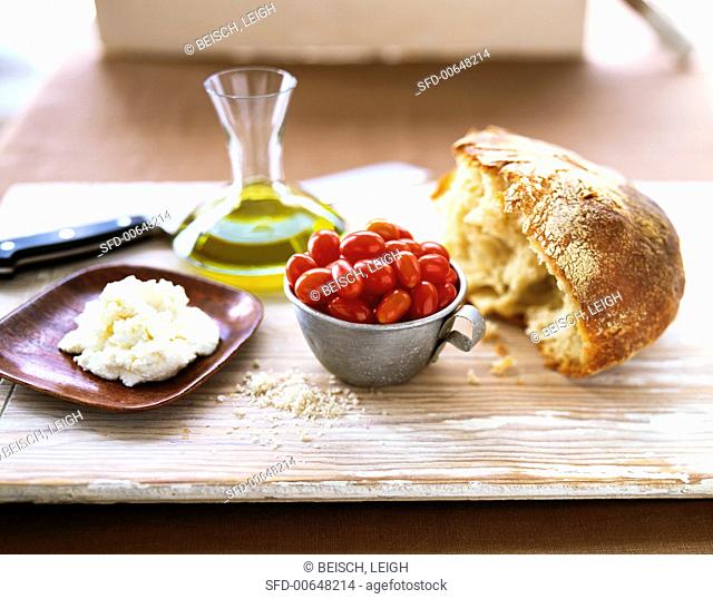Still Life with Bread, Grape Tomatoes, Olive Oil and Ricotta