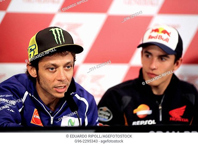 Valentino Rossi (L) and Marc Marquez (R) during a press conference at Ricardo Tormo racetrack in Cheste, near Valencia