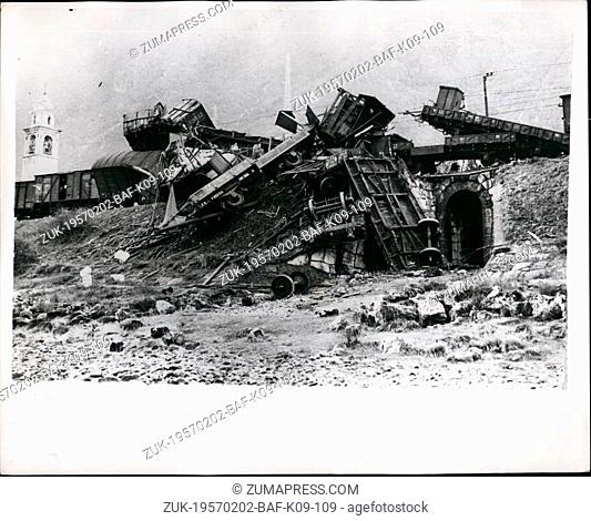 Feb. 02, 1957 - Goods Train Disaster near the Brenner Pass. More than forty seven wagon a were destroyed when a forty seven wagon goods train was derailed at...