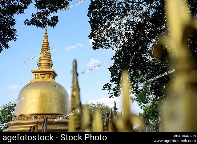 Golden dome at cave temple in Dambulla Sri Lanka behind golden fence