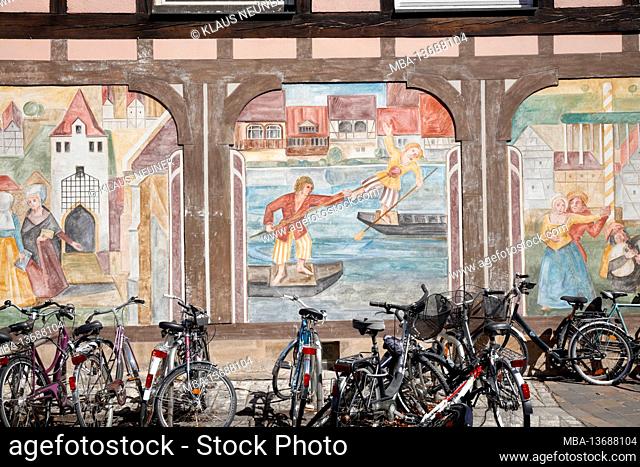 Wall painting, Fischerstechen, house facade, architecture, decorative, Bamberg, Franconia, Bavaria, Germany, Europe