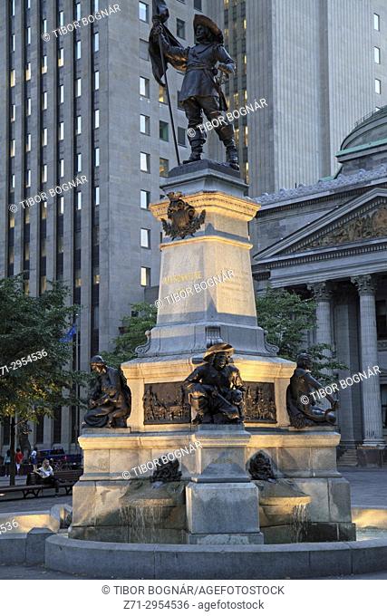 Canada, Quebec, Montreal, Place d'Armes, statue of de Maisonneuve,