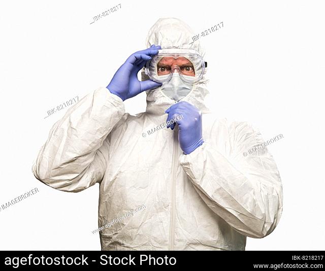 Man with intense expression wearing HAZMAT protective clothing isolated on A white background