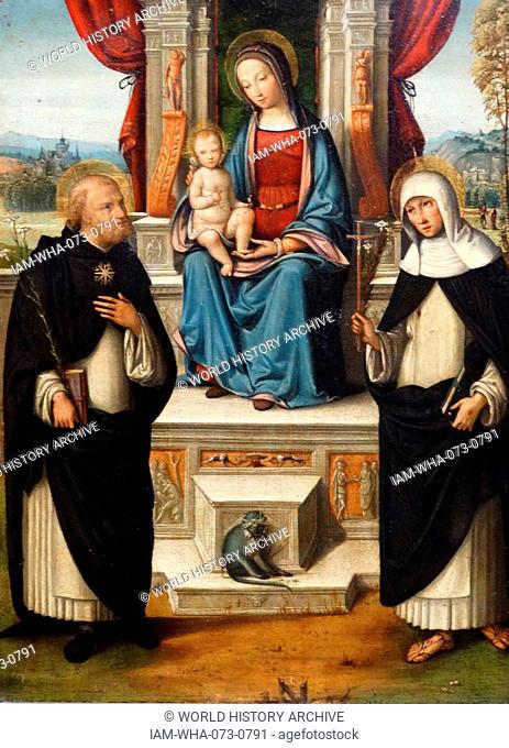 Painting titled 'The Virgin and Child with Saints Dominic and Catherine of Siena' by Benvenuto Tisi (1481-1502) Late-Renaissance-Mannerist Italian painter of...