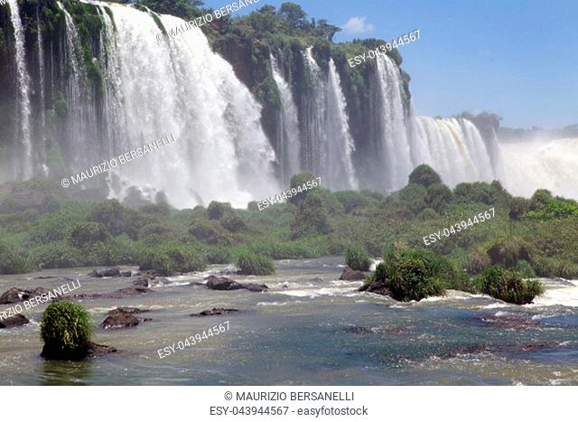 View of a section of the Iguazu Falls, from the Brazil side. Iguazu Falls are waterfalls of Iguazu River on the border of the Argentine province of Misiones and...