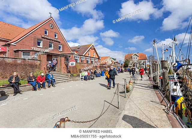 Harbour promenade of Neuharlingersiel, Eastern Frisia, Lower Saxony, Germany