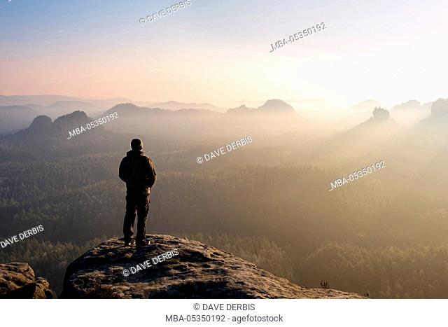 Sunrise, hikers, Kleiner Winterberg, Zschand, fog, Saxon Switzerland, low mountain range, Germany