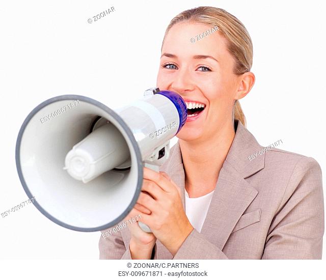 Happy businesswoman giving instructions with a megaphone isolated on a white background
