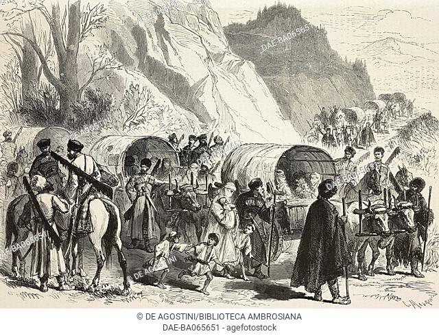 Circassia and Tatars families from the Dobrugia fleeing to Rumelia, Russian-Turkish war, illustration by Maurand from L'Illustration, Journal Universel, No 1798
