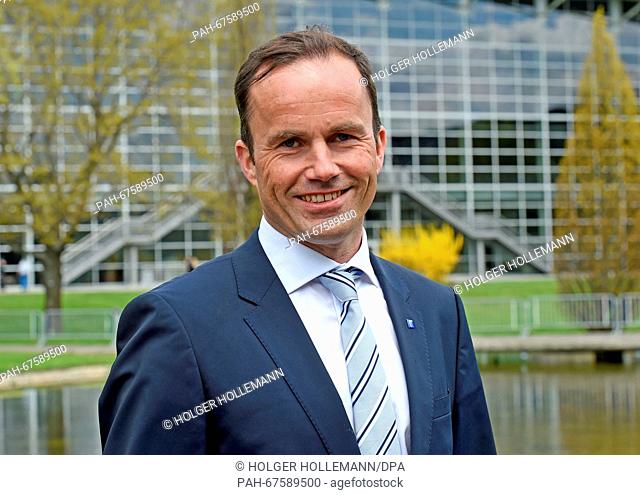 Jochen Koeckler of the Executive Board of Hannover Messe, looks over at the fair grounds in Hanover, Germany, 18 April 2016