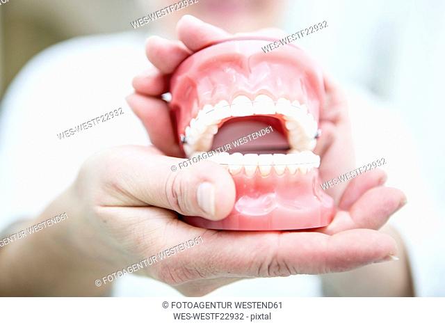 Hands holding dentures