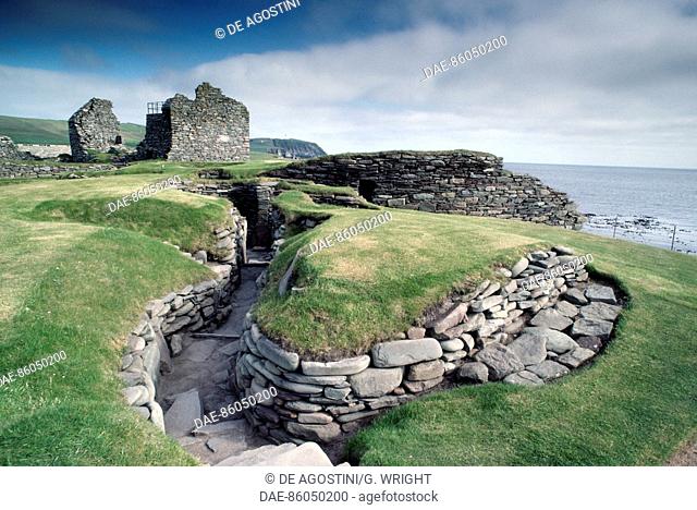 View of the archaeological site of Jarlshof, Shetland Islands, Scotland, United Kingdom. Bronze Age, 2000 BC