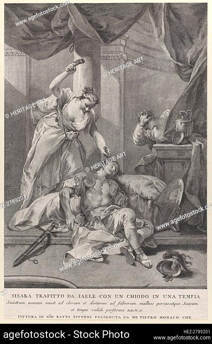 Jael hammering a tent peg into the temple of the sleeping Sisera, to the right a se.., ca. 1730-39. Creator: Pietro Monaco