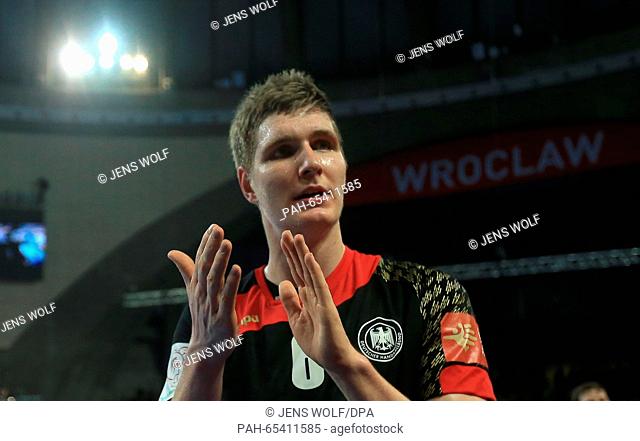 Germany's Finn Lemke reacts after winning the 2016 Men's European Championship handball group 2 match between Germany and Denmark at the Centennial Hall in...