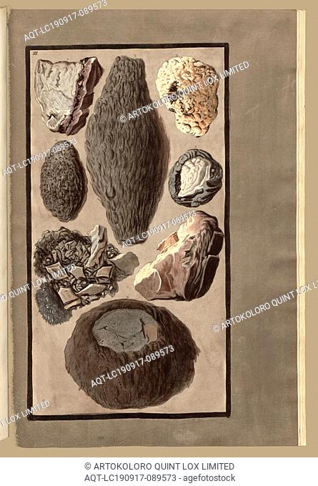 Steine am Vesuv (1), Various stones, found after an eruption on Mount Vesuvius, copperplate engraving, hand colored, plate 4 (Suppl