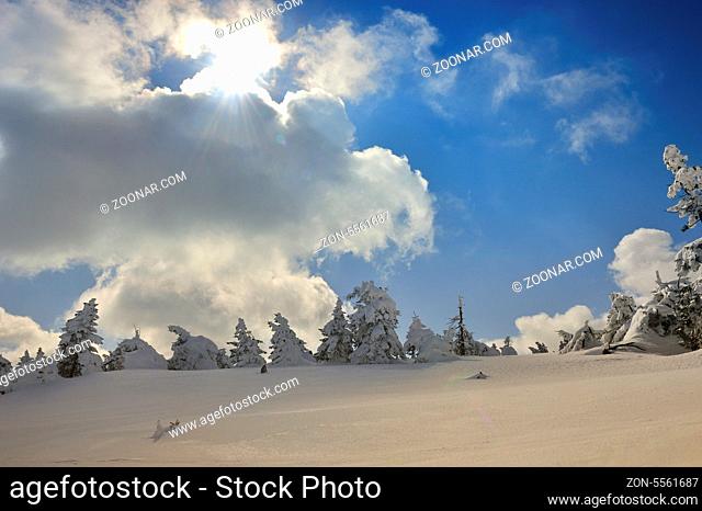 Brocken im Schnee und Eis, Winter, Harz.Misty landscape in Winter Brocken Harz Germany