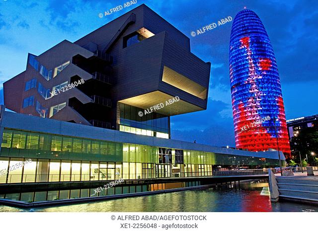 Torre Agbar and building DHUB at sunset, Barcelona, Catalonia, Spain
