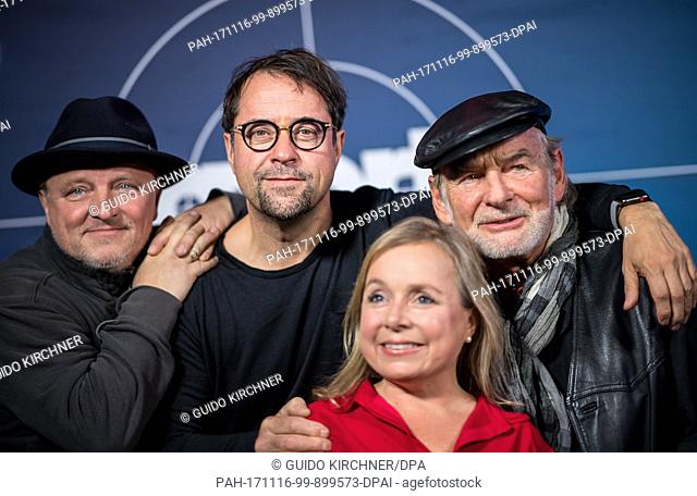The actors Axel Prahl (L-R), Jan Josef Liefers, Christine Urspruch and Claus D. Clausnitzer can be seen at the cinematic premiere of the ""Tatort Muenster"" at...