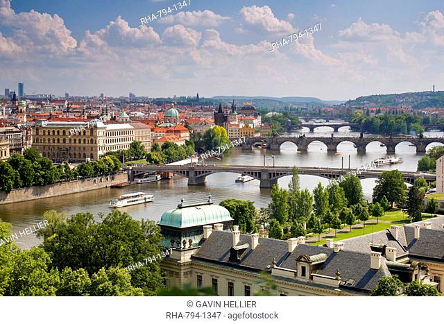View of the River Vltava and bridges, Prague, Czech Republic, Europe