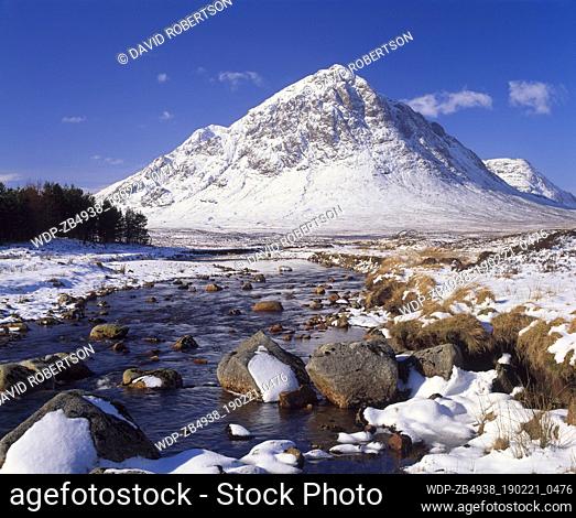 Scotland, Highland, Lochaber. Buachaille Etive Mor and the River Etive from near the Kings House Hotel. This mountain stands at the head of both Glen Coe and...