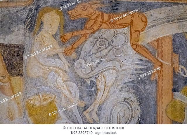 Hell represented by a big double headed snake, Romanesque fresco, Ermita de San Miguel, 7th Century, built during the Visigothic reign of Wamba, Gormaz, Soria