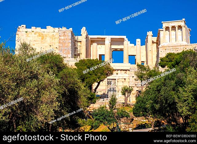 Athens, Attica / Greece - 2018/04/03: Panoramic view of Acropolis of Athens with Propylaea monumental gateway and Nike Athena temple in ancient city center