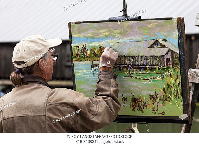 Artist using pastels competing in the 2019 Grand Prix of Art in Steveston British Columbia Canada