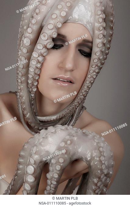 young woman with octopus on head