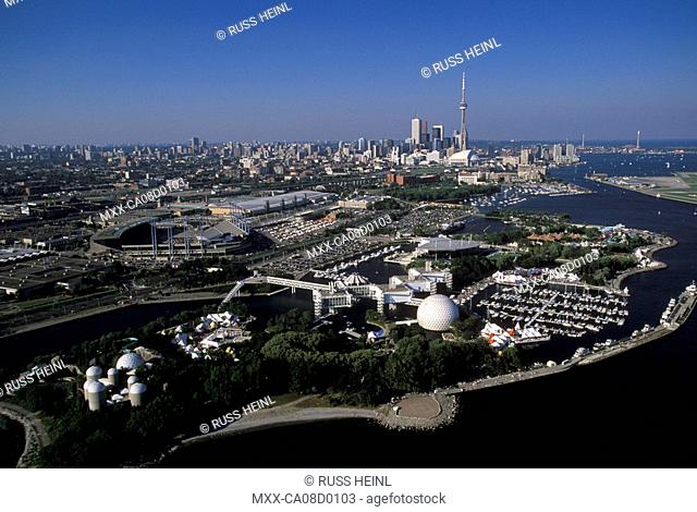 Aerial of downtown Toronto, and Ontario Place, Ontario, Canada