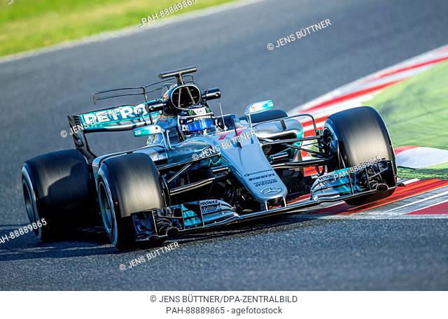 Finish Formula One pilot Valtteri Bottas of Mercedes AMG in action during the testing before the new season of the Formula One at the Circuit de Catalunya race...