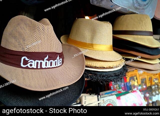 Hats for sale in the market stall, siem reap, cambodia