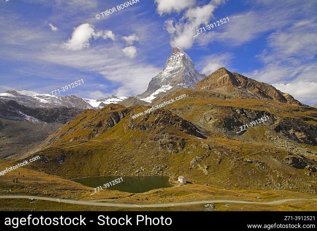 Switzerland, Valais, Zermatt, Matterhorn, peak, Schwarzsee, lake,