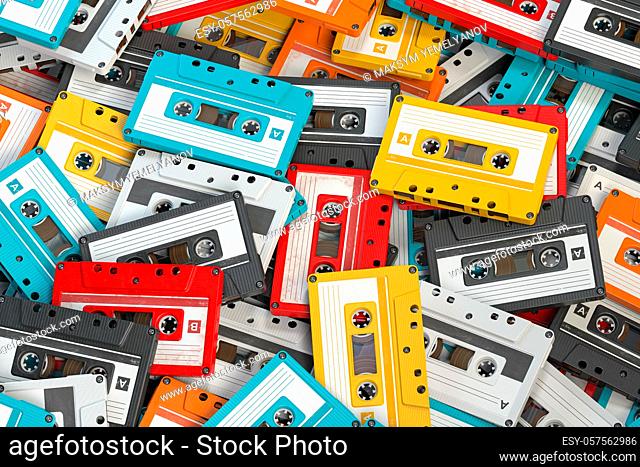 Heap of vintage audio cassettes. Retro music concept background. 3d illustration