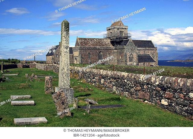 Iona Abbey, cemetery Road of the Dead, burial place of the ancient Scottish kings, Iona island, Inner Hebrides, Scotland, United Kingdom, Europe
